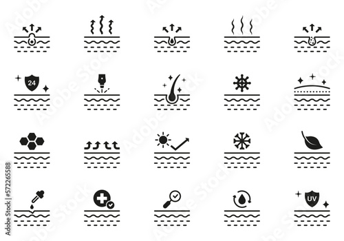 Dermatology Medical Skin Care Glyph Pictogram Set. Skincare Beauty Silhouette Icon. Facial Clean Moisture  UV Sunscreen Protect Black Icon. Isolated Vector Illustration