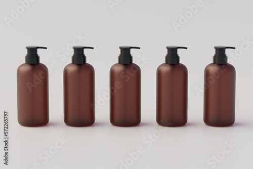 Amber Glass Pump Multiple Bottles Mock-Up, Liquid Soap, Shampoo Dispenser. 3D Illustration