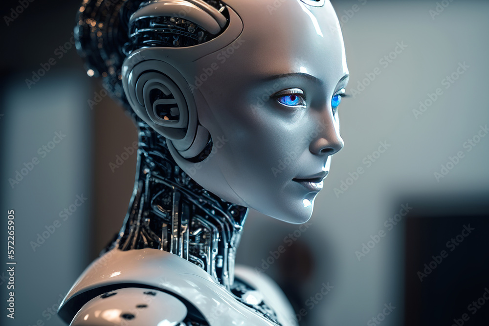 Portrait of cyborg robot head. Generative AI Portrait of cyborg robot head. Generative AI