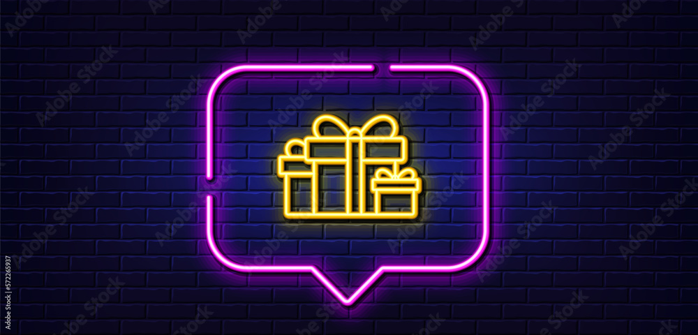 Neon light speech bubble. Gift boxes line icon. Present or Sale sign. Birthday Shopping symbol. Package in Gift Wrap. Neon light background. Holiday presents glow line. Brick wall banner. Vector Neon light speech bubble. Gift boxes line icon. Present or Sale sign. Birthday Shopping symbol. Package in Gift Wrap. Neon light background. Holiday presents glow line. Brick wall banner. Vector