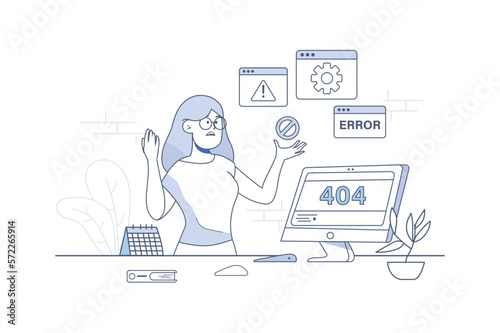 404 not found line concept with people scene in the flat cartoon design. Girl tries to avoid problems with settings that may arise during work. Vector illustration.
