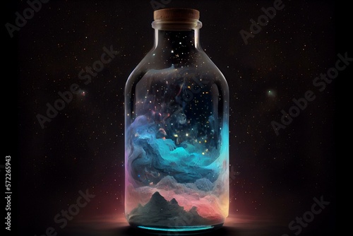 Nebula in the bottle, universe in the bottle, mystic beautiful bottle, luminous AI Generated