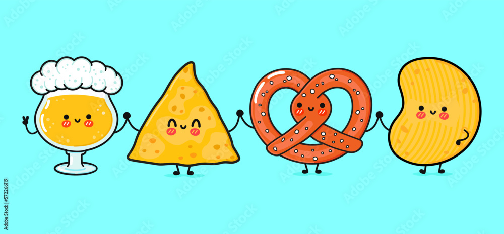 Fototapeta premium Cute, funny happy glass of beer, nachos, chips, pretzel. Vector hand drawn cartoon kawaii characters, illustration icon. Funny cartoon glass of beer, nachos pretzel chips mascot friends concept