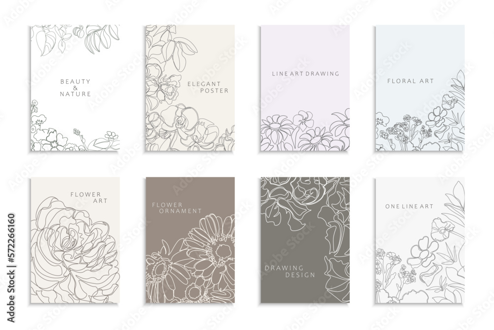 Collection of delicate floral covers, templates, placards, brochures, banners, flyers and etc. Colorful outline backgrounds, postcards, posters, invitation. Elegant cards with drawing flowers.