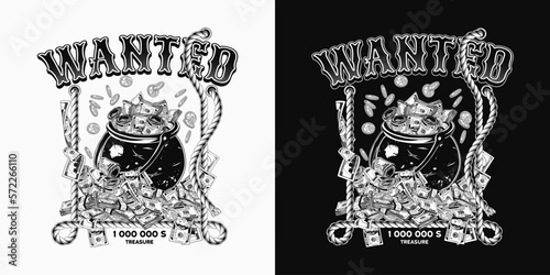 Vintage black and white money emblem with pot full of cash money, rope square frame, text. Heap, pile of 100 dollar banknotes, coins. Concept of wealth. For prints, clothing, t shirt, surface design.