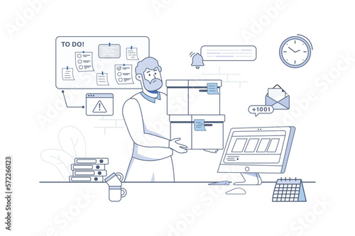 Line concept deadline with people scene in the flat cartoon style. Worker is truing to put all things in order before the deadline. Vector illustration.