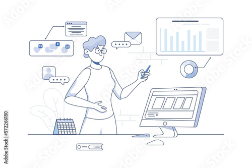 Digital marketing line concept with people scene in the flat cartoon design. Marketer works on advertising in various social networks. Vector illustration.