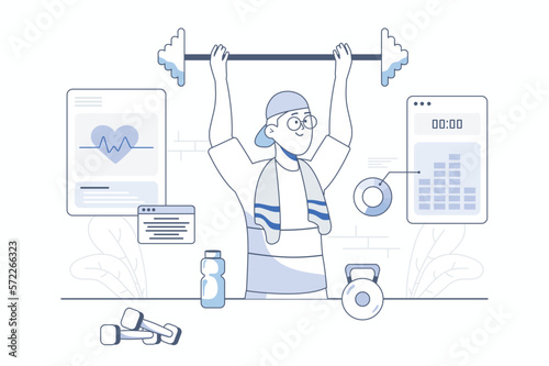 Fitness gym line concept with people scene in the flat cartoon design. Man do physical exercises and takes care of his health. Vector illustration.