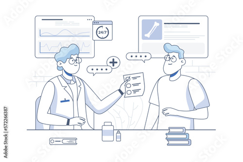 Line concept medical with people scene in the flat cartoon style. Doctor talks to the patient about his illness and the drugs needed for treatment. Vector illustration. © Andrey