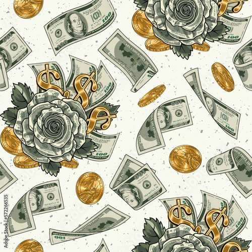 Pattern with flying, falling dollar banknotes, gold coins, green rose made of 100 US dollar bills, dollar sign. Vintage illustration for prints, clothing, surface design White background