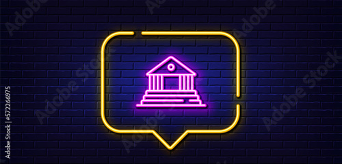 Neon light speech bubble. Court building line icon. Administration of justice sign. Judgement law symbol. Neon light background. Court building glow line. Brick wall banner. Vector