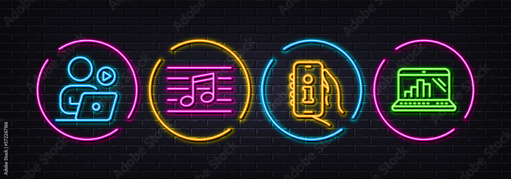 Support, Musical note and Video conference minimal line icons. Neon laser 3d lights. Graph laptop icons. For web, application, printing. Phone info, Music, Start presentation. Mobile report. Vector Support, Musical note and Video conference minimal line icons. Neon laser 3d lights. Graph laptop icons. For web, application, printing. Phone info, Music, Start presentation. Mobile report. Vector