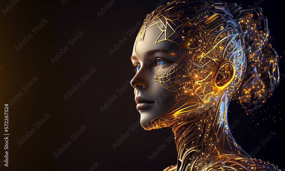 A humanoid cyber girl on luxury background with a neural network thinks ...