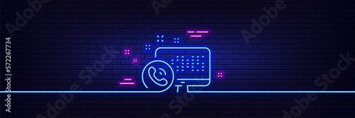 Neon light glow effect. Web call center service line icon. Phone support sign. Feedback symbol. 3d line neon glow icon. Brick wall banner. Web call outline. Vector