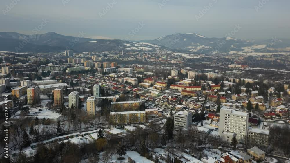 Banska Bystrica in Slovakia, aerial view of a city near the mountains, winter 4k Banska Bystrica in Slovakia, aerial view of a city near the mountains, winter 4k