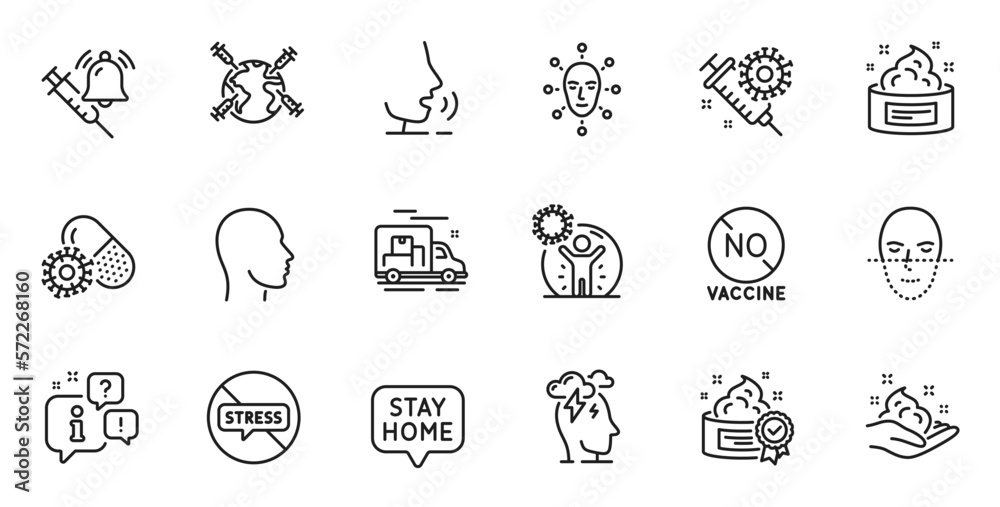 Outline set of Skin care, No vaccine and Head line icons for web application. Talk, information, delivery truck outline icon. Include Vaccine announcement, Skin cream, Cream icons. Vector