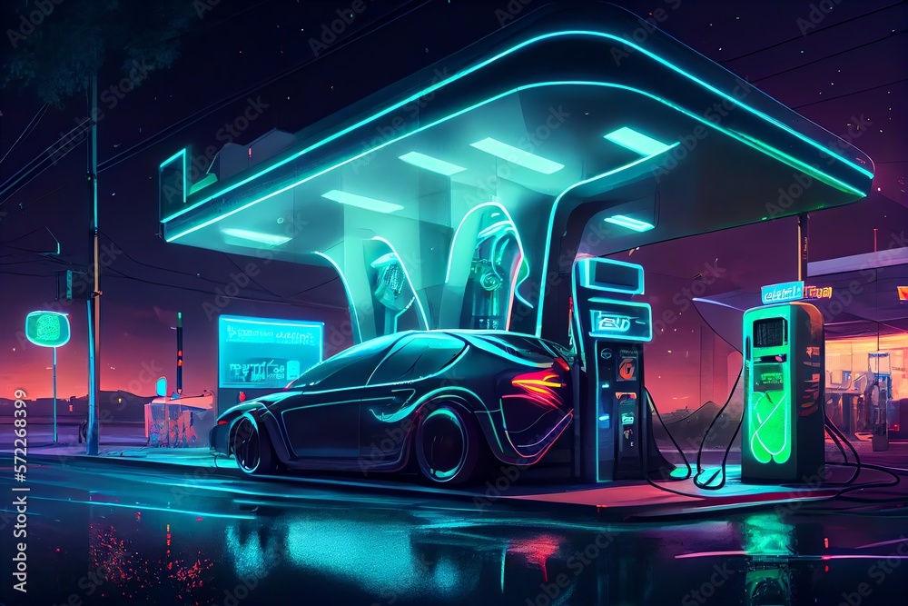 Electric car charging at a gas station in the city, green energy of the future, neon illuminated signs in the city and cars. Generative AI