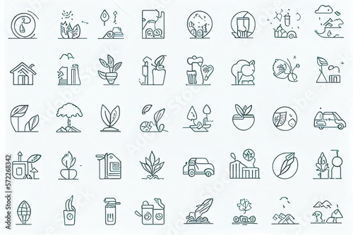 Ecology or Eco Icons Set. Collection of linear simple web icons such as Recycling, Alternative Green Energy Source and other. Generative AI