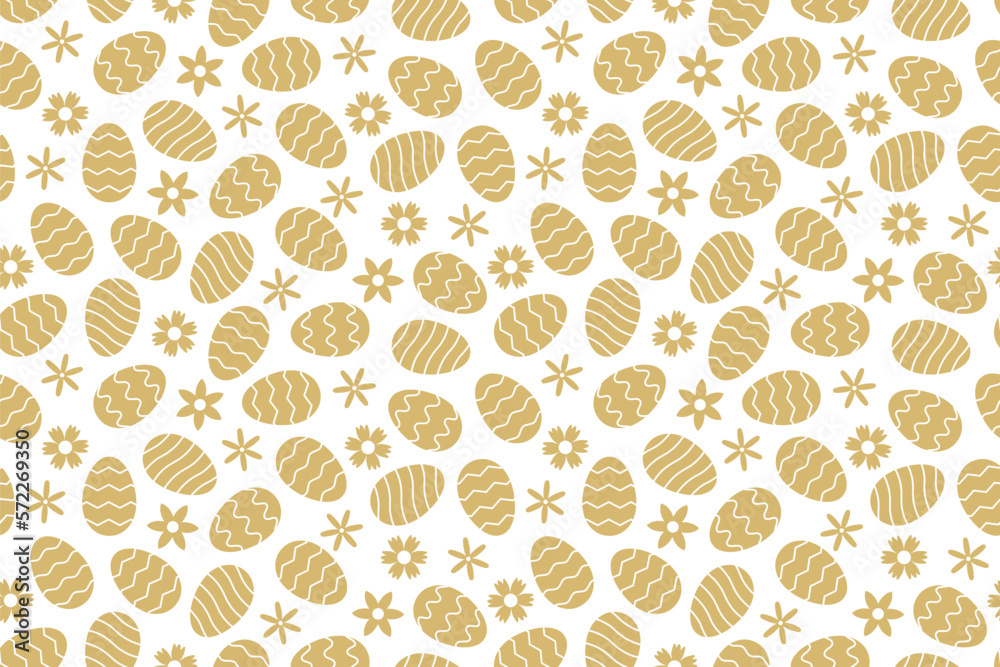seamless Easter golden pattern with flowers and eggs - vector illustration