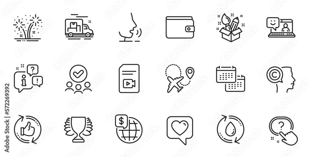 Outline set of Refill water, Winner and Refresh like line icons for web application. Talk, information, delivery truck outline icon. Include Video file, Fireworks, Approved group icons. Vector Outline set of Refill water, Winner and Refresh like line icons for web application. Talk, information, delivery truck outline icon. Include Video file, Fireworks, Approved group icons. Vector
