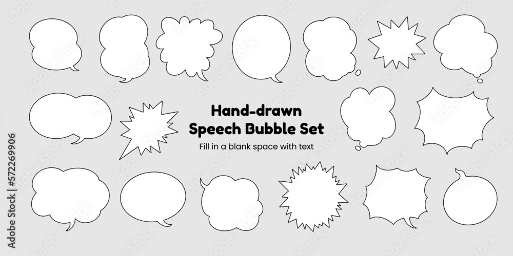 Set of simple, hand-drawn speech bubbles or balloons, including dialogue, comic text, and word balloons. Vector illustrations. Set of simple, hand-drawn speech bubbles or balloons, including dialogue, comic text, and word balloons. Vector illustrations.