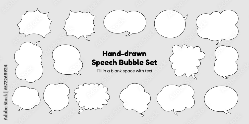 Set of simple, hand-drawn speech bubbles or balloons, including dialogue, comic text, and word balloons. Vector illustrations.