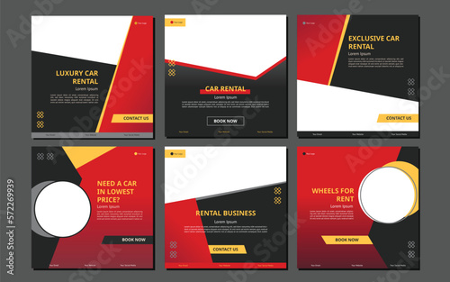 Set of editable square banner template. Car rental banner with black and red color background. Flat design vector with photo collage. Usable for social media, story and web internet ads.