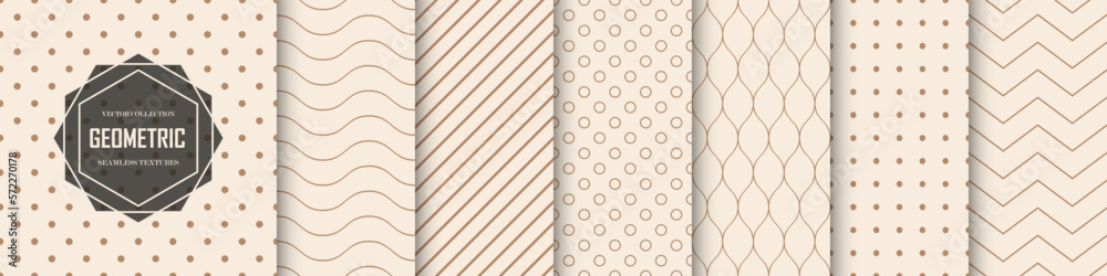 Collection of seamless geometric beige patterns. Vector minimalistic repeatable dotted and striped backgrounds. Textile endless prints.