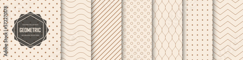 Collection of seamless geometric beige patterns. Vector minimalistic repeatable dotted and striped backgrounds. Textile endless prints.