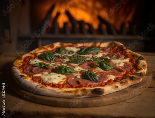Close-up of Wood-fired Pizza with Toppings, Generative AI