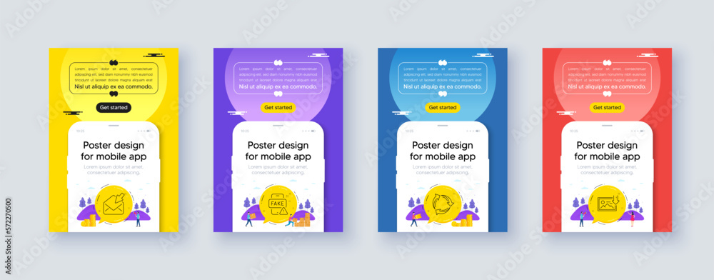 Simple set of Open mail, Recycle and Fake news line icons. Poster offer design with phone interface mockup. Include Download photo icons. For web, application. Vector