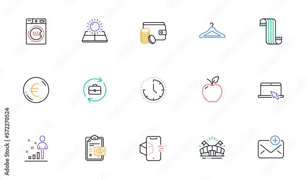 Payment method, Stats and Cloakroom line icons for website, printing. Collection of New mail, Portable computer, Time icons. Augmented reality, Sports arena, Dryer machine web elements. Vector Payment method, Stats and Cloakroom line icons for website, printing. Collection of New mail, Portable computer, Time icons. Augmented reality, Sports arena, Dryer machine web elements. Vector