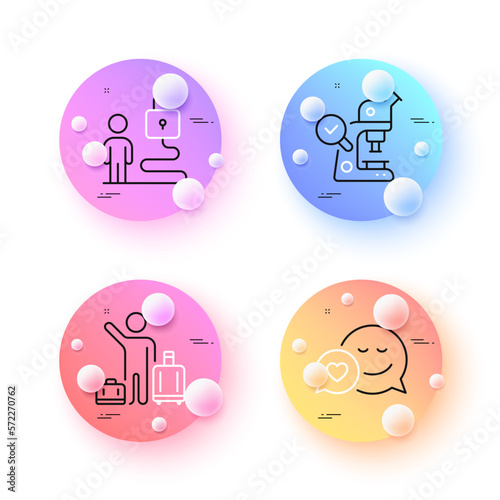 Lock, Airport transfer and Microscope minimal line icons. 3d spheres or balls buttons. Dating icons. For web, application, printing. Online security, Baggage reclaim, Laboratory science. Vector