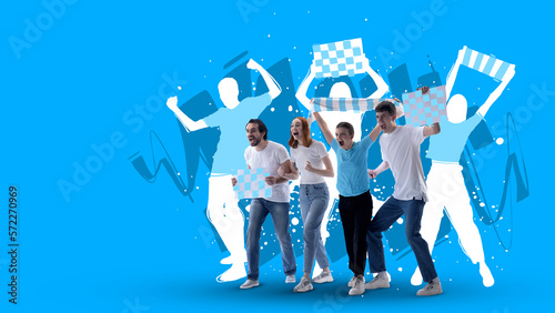 Creative art collage. Modern design. Group of young people, fans emotionally cheering favorite sport team on competition over blue background. Concept of sport, cup, world, team, event, competition
