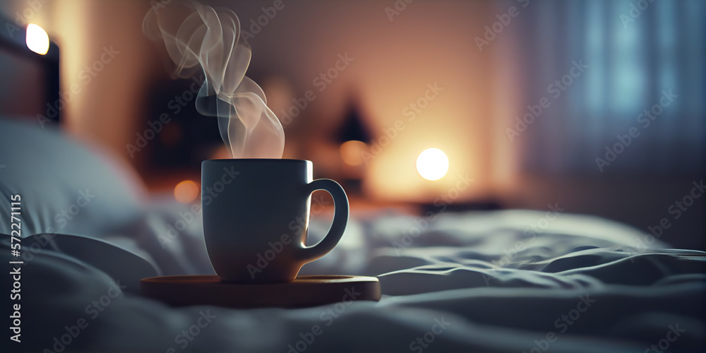 Close up hot coffee cup against the bed at night time. Generative AI