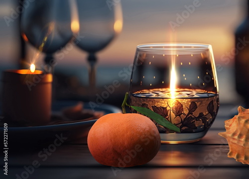  sunset beach  glass of orange water with ice and mandarin on wooden table on sunset at sea beautiful summer seascape tropical landscape,generated ai photo