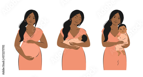 Set of pregnancy, breastfeeding and motherhood concept illustrations. Woman feeding baby. Vector illustration isolated on white background