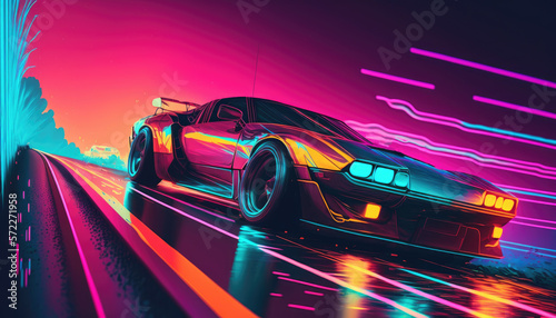 Futuristic sports car on neon highway. Supercar on a night track with colorful lights and trails. Generative ai illustration