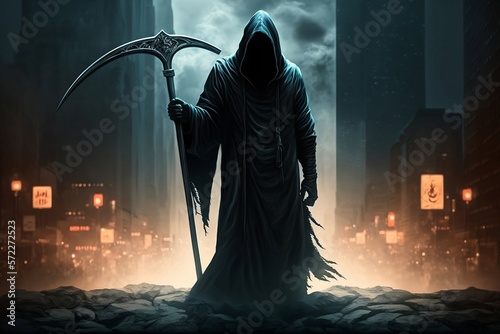 Grim Reaper in the City: A Haunting Figure in the Urban Nights, Generative ai