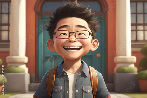 Illustration of cartoonish diverse young students in front of a school - Created with Generative ai
