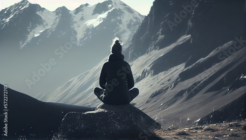 Serene Moment, Man Meditating on Top of Mountain. Generative AI