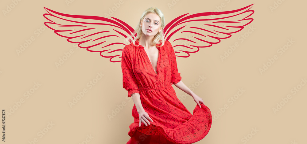 Sensual woman angel with wings. Valentines day panoramic photo banner. Woman dancer wearing red dance dress. Elegance girl fashion.