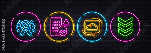 Winner ribbon, Cloud communication and Cyber attack minimal line icons. Neon laser 3d lights. Shoulder strap icons. For web, application, printing. Best award, Online message, Phone hacker. Vector