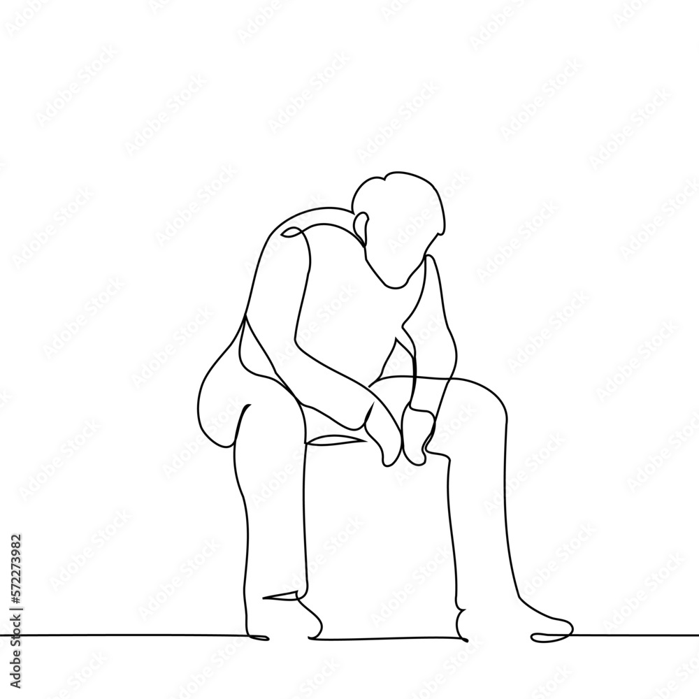 man sitting with his head down and leaning his elbows on hips - one line drawing vector. concept manspreading or sitting waiting