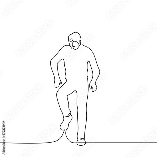 man raised foot to kick something or steps in something sticky or dirty - one line drawing vector. the concept raised foot