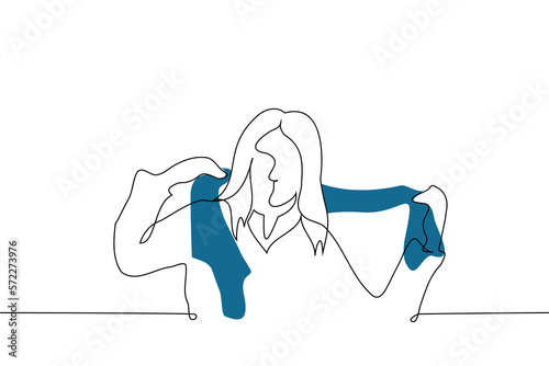 woman putting scarf around her neck - one line drawing vector. concept to thicken up, dress warmly for autumn and winter