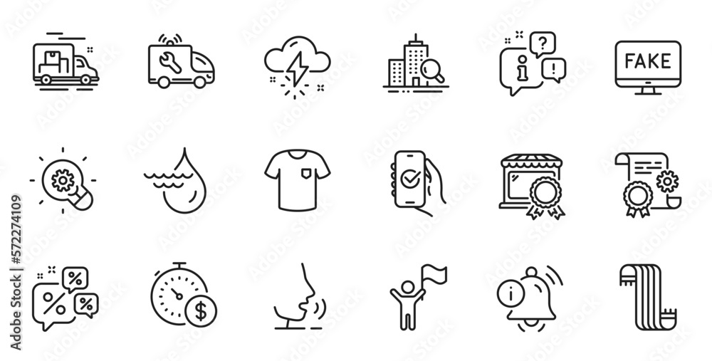 Outline set of Car service, Fake news and Inspect line icons for web application. Talk, information, delivery truck outline icon. Include Scarf, Best market, Information bell icons. Vector