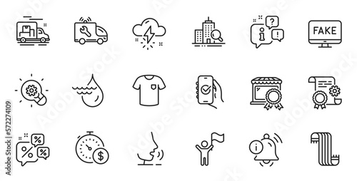 Outline set of Car service, Fake news and Inspect line icons for web application. Talk, information, delivery truck outline icon. Include Scarf, Best market, Information bell icons. Vector © blankstock