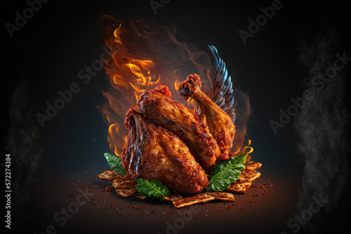 Grilled chicken, cooked over an open flame with huge fire flames, resulting in a perfectly cooked and juicy dish, with a mouth-watering aroma, ai generative.