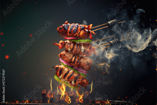 Grilled and barbecued gourmet meat, served with fresh salad, set against fire flames and smoky backdrop, creating a mouth-watering and irresistible culinary experience, ai generative.